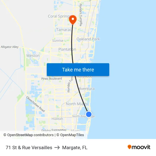 71 St & Rue Versailles to Margate, FL map