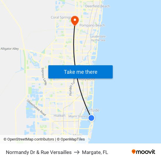 Normandy Dr & Rue Versailles to Margate, FL map