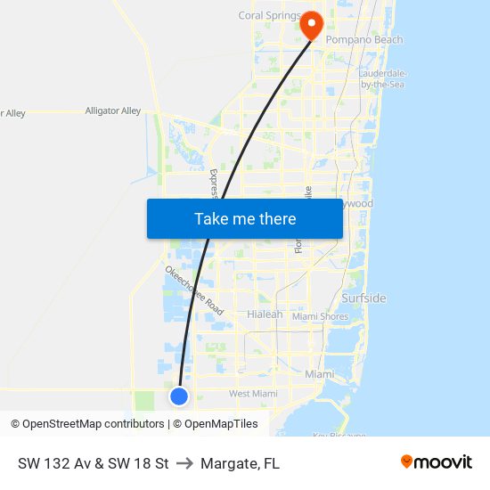 SW 132 Av & SW 18 St to Margate, FL map