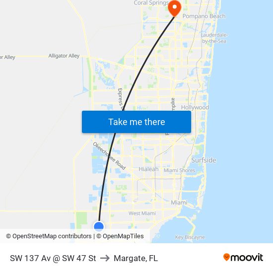 SW 137 Av @ SW 47 St to Margate, FL map