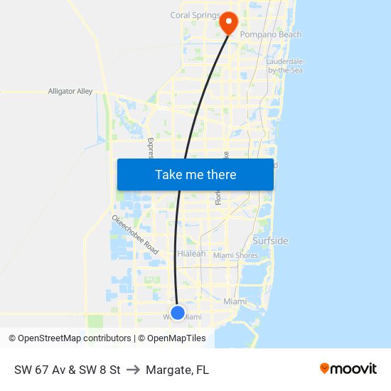 SW 67 Av & SW 8 St to Margate, FL map