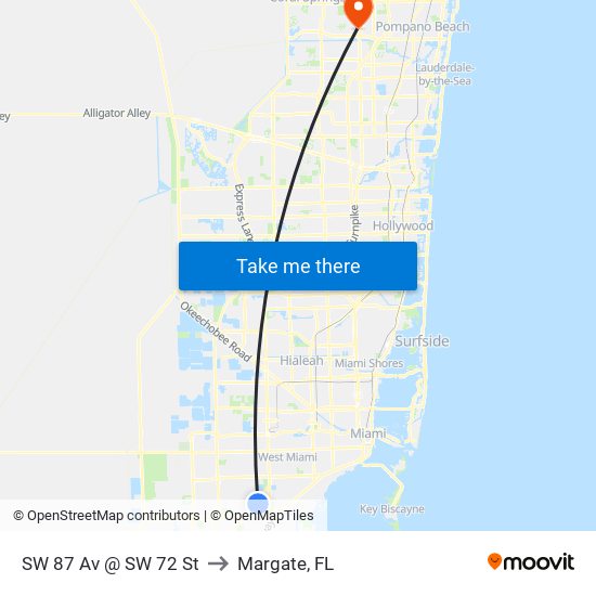 SW 87 Av @ SW 72 St to Margate, FL map