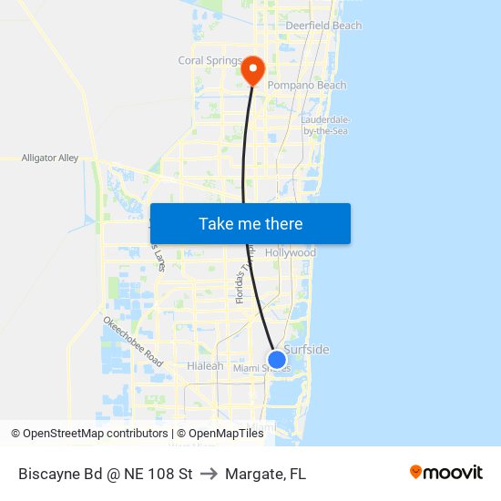 Biscayne Bd @ NE 108 St to Margate, FL map