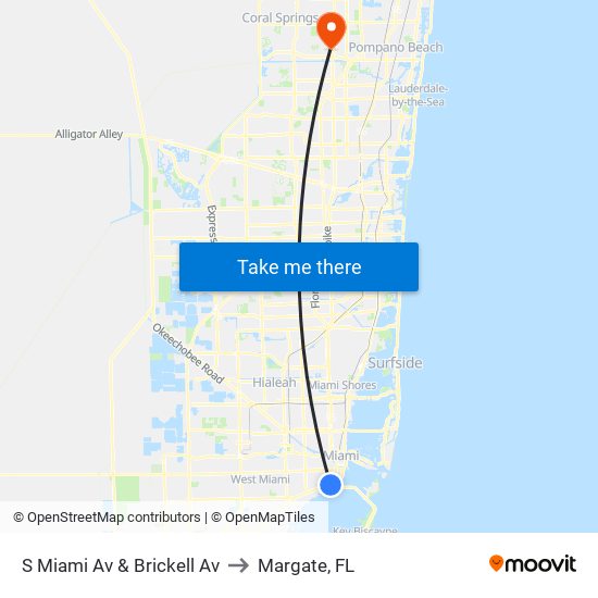 S Miami Av & Brickell Av to Margate, FL map