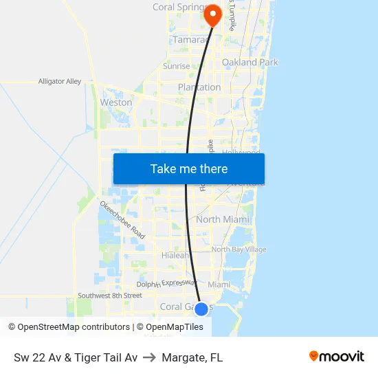 Sw 22 Av & Tiger Tail Av to Margate, FL map