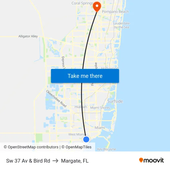 Sw 37 Av & Bird Rd to Margate, FL map