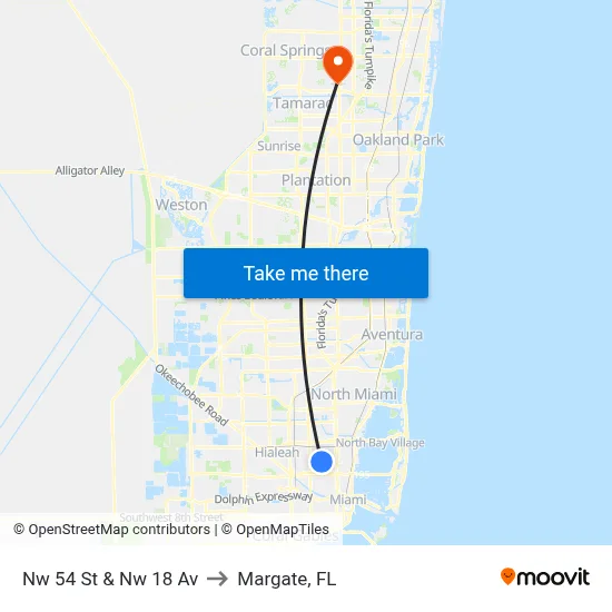 Nw 54 St & Nw 18 Av to Margate, FL map
