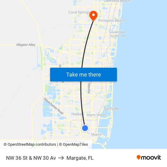 NW 36 St & NW 30 Av to Margate, FL map