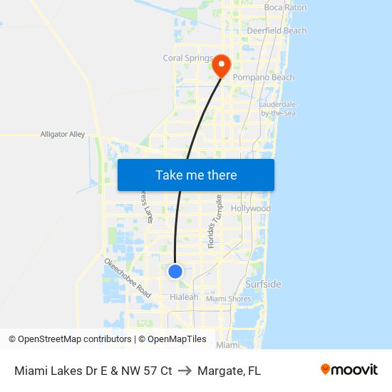 Miami Lakes Dr E & NW 57 Ct to Margate, FL map