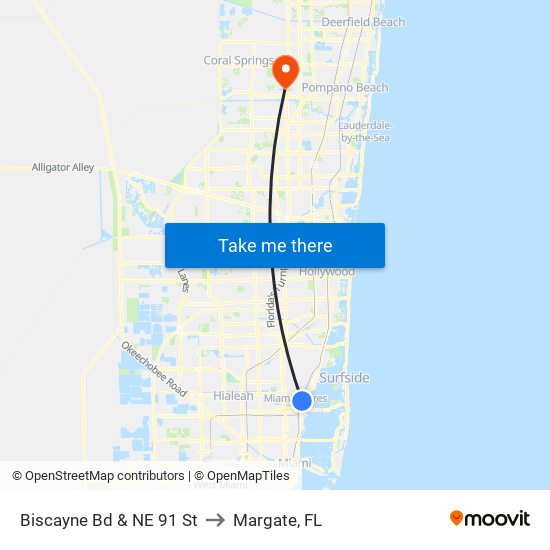 Biscayne Bd & NE 91 St to Margate, FL map