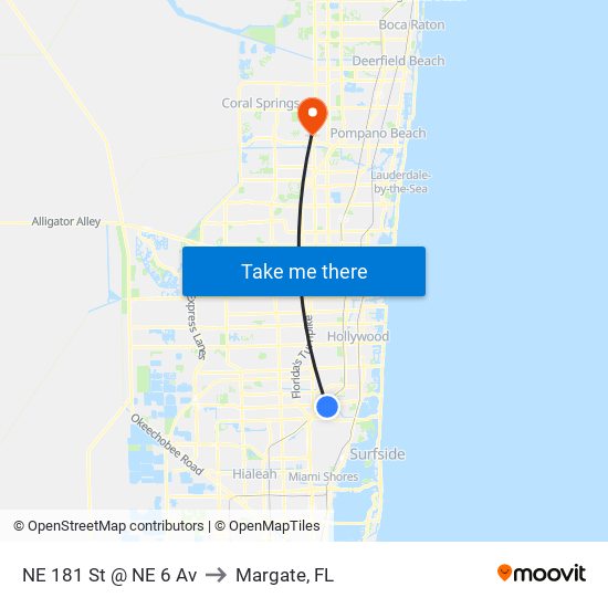 NE 181 St @ NE 6 Av to Margate, FL map