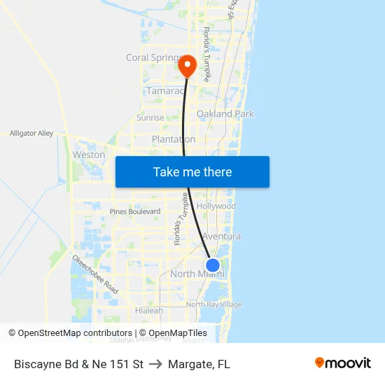 Biscayne Bd & Ne 151 St to Margate, FL map