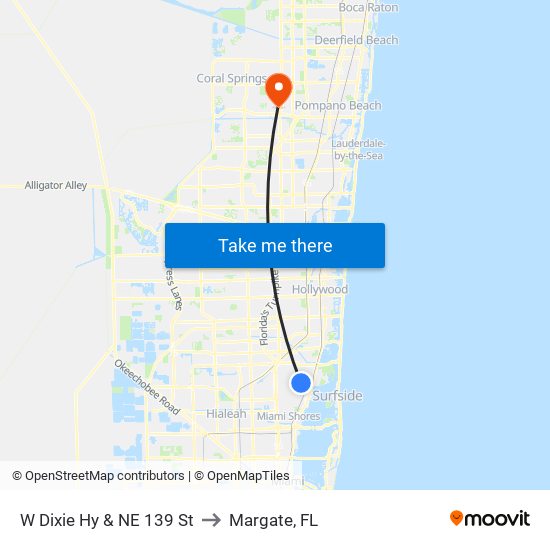 W Dixie Hy & NE 139 St to Margate, FL map