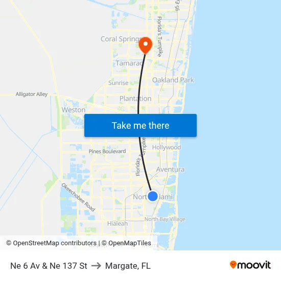 Ne 6 Av & Ne 137 St to Margate, FL map