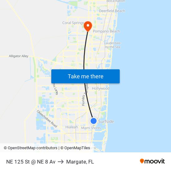 NE 125 St @ NE 8 Av to Margate, FL map