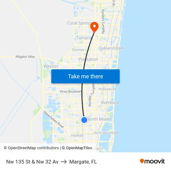 Nw 135 St & Nw 32 Av to Margate, FL map