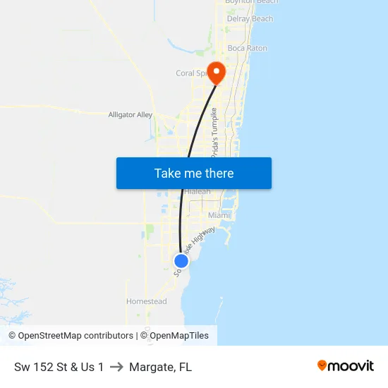 Sw 152 St & Us 1 to Margate, FL map