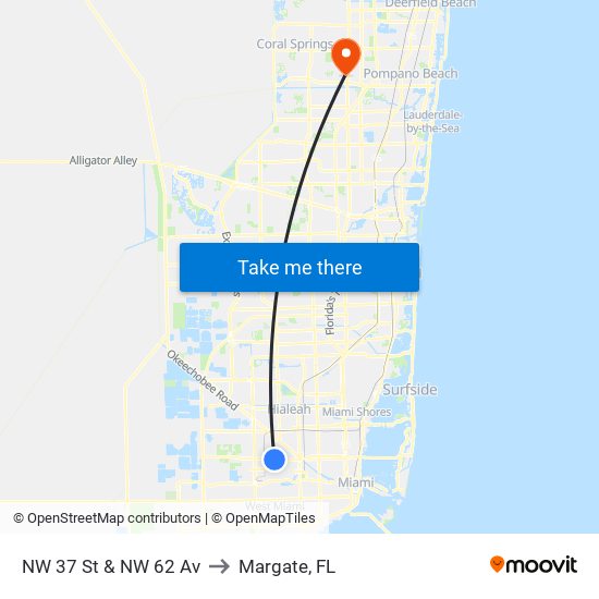 NW 37 St & NW 62 Av to Margate, FL map