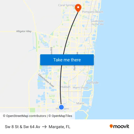 Sw 8 St & Sw 64 Av to Margate, FL map