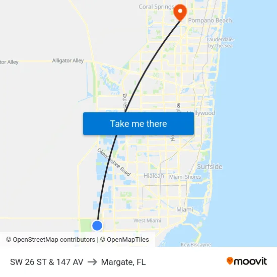 Sw 26 St & 147 Av to Margate, FL map