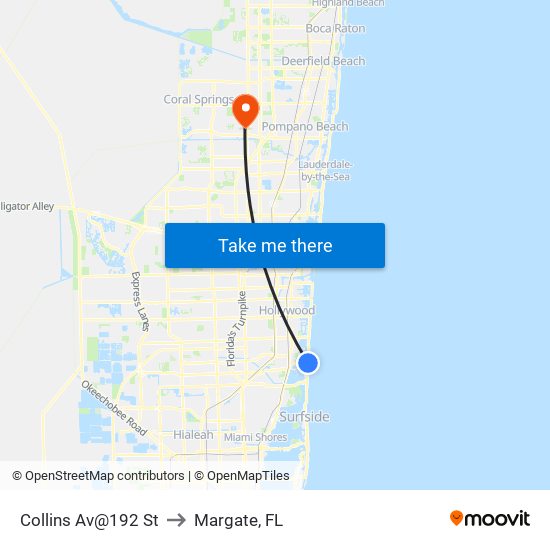 Collins Av@192 St to Margate, FL map