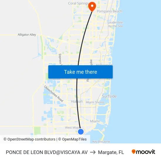 Ponce De Leon Blvd@viscaya Av to Margate, FL map