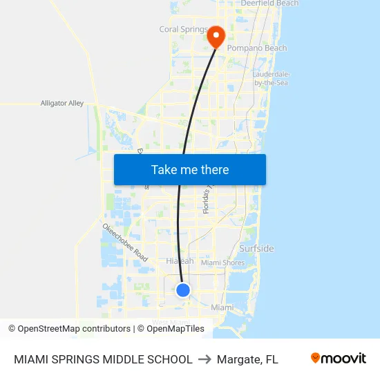 Miami Springs Middle School to Margate, FL map