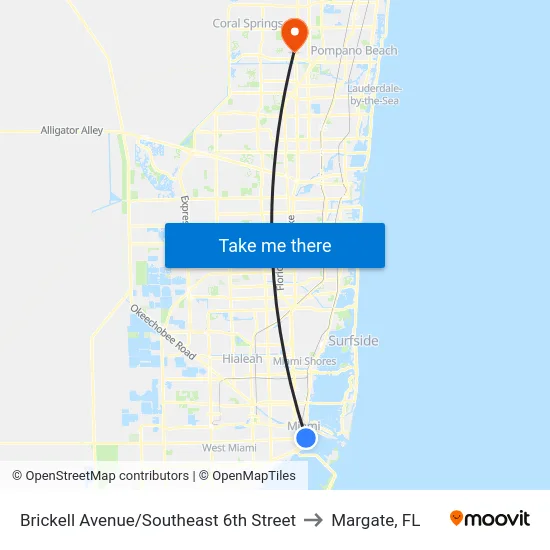Brickell Avenue/Southeast 6th Street to Margate, FL map