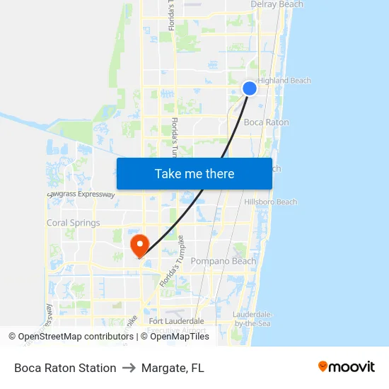 Boca Raton Station to Margate, FL map
