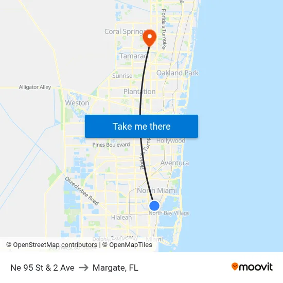 Ne 95 St & 2 Ave to Margate, FL map