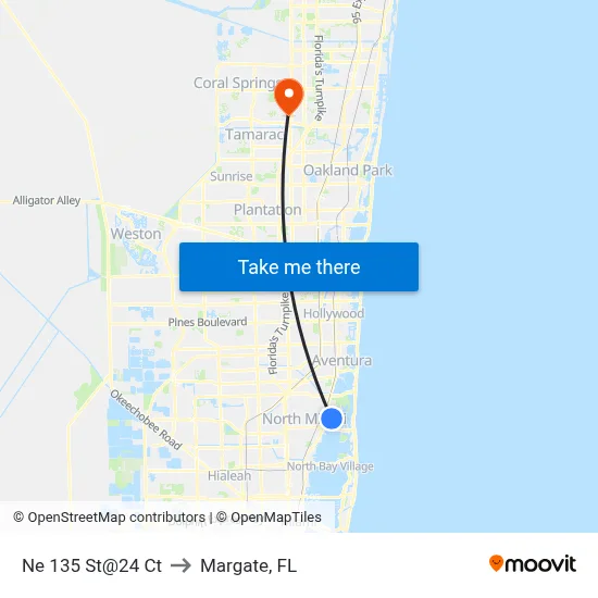 Ne 135 St@24 Ct to Margate, FL map