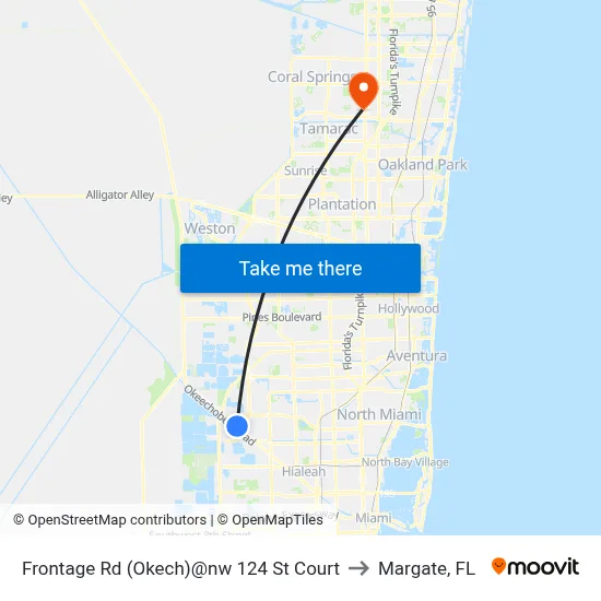 Frontage Rd (Okech)@nw 124 St Court to Margate, FL map