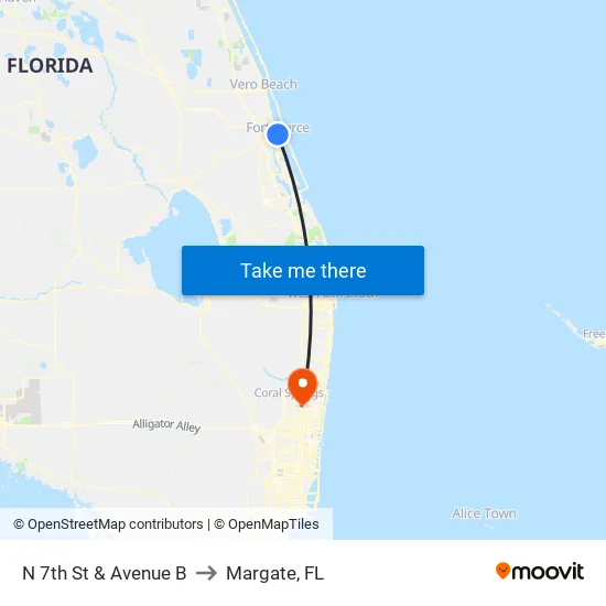 N 7th St & Avenue B to Margate, FL map