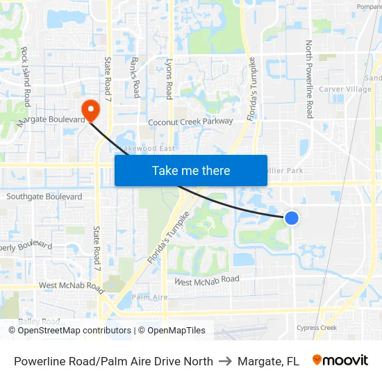 Powerline Road/Palm Aire Drive North to Margate, FL map