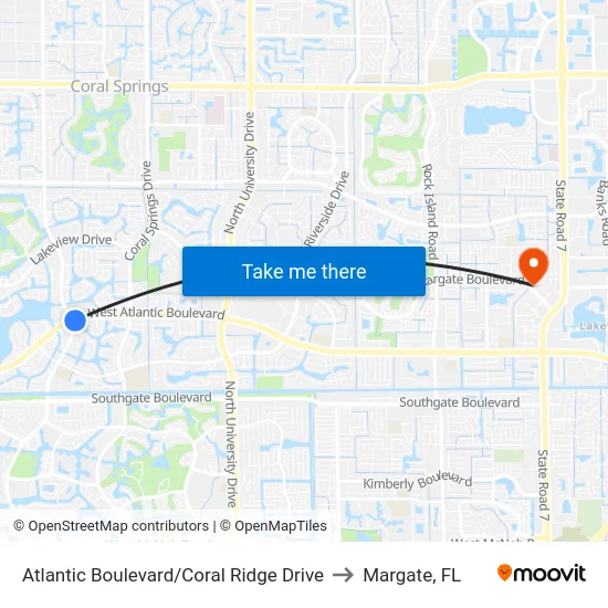 Atlantic Boulevard/Coral Ridge Drive to Margate, FL map