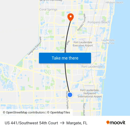 US 441/Southwest 54th Court to Margate, FL map