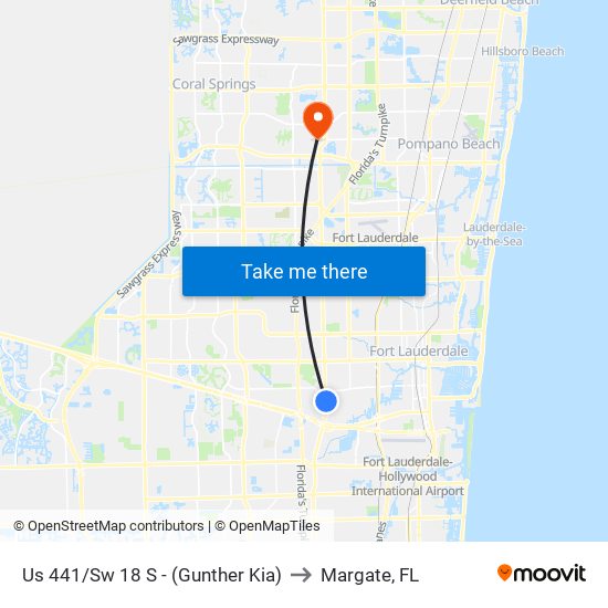 Us 441/Sw 18 S - (Gunther Kia) to Margate, FL map