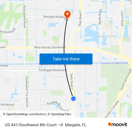US 441/Southwest 8th Court to Margate, FL map