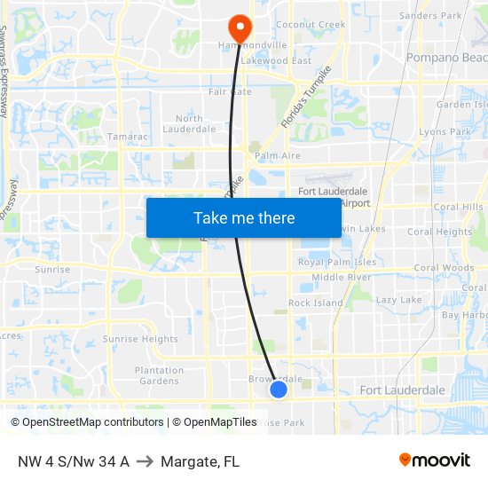 NW 4 S/Nw 34 A to Margate, FL map