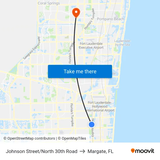Johnson Street/North 30th Road to Margate, FL map