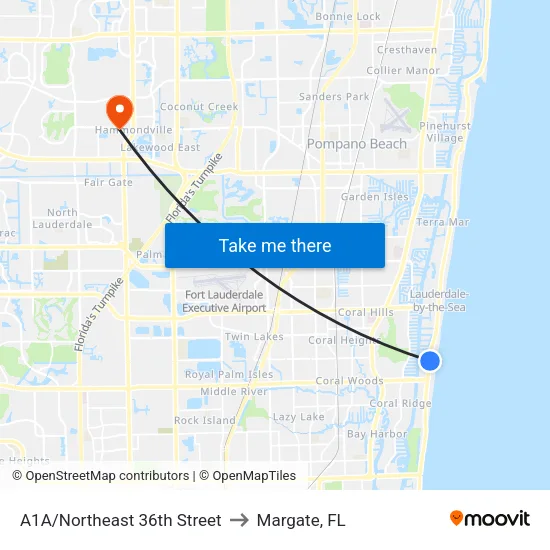 A1A/Northeast 36th Street to Margate, FL map