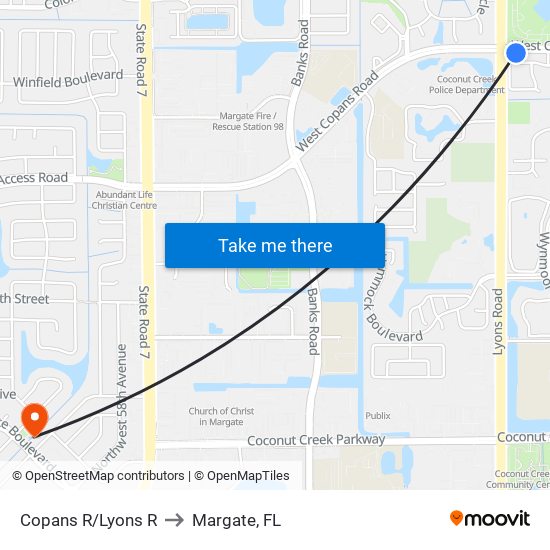 Copans R/Lyons R to Margate, FL map