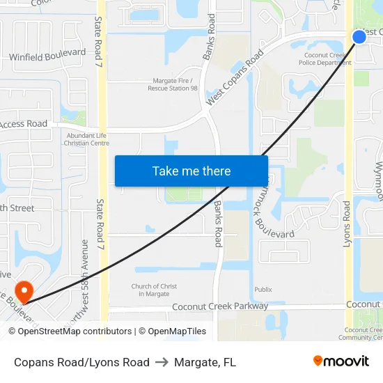 Copans Road/Lyons Road to Margate, FL map