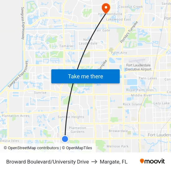 Broward Boulevard/University Drive to Margate, FL map