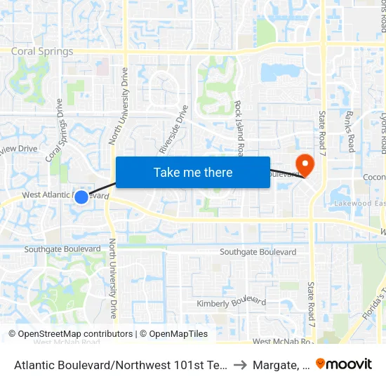 Atlantic Boulevard/Northwest 101st Terrace to Margate, FL map