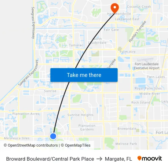 Broward Boulevard/Central Park Place to Margate, FL map