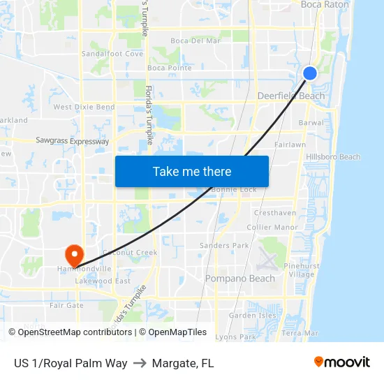 US 1/Royal Palm Way to Margate, FL map