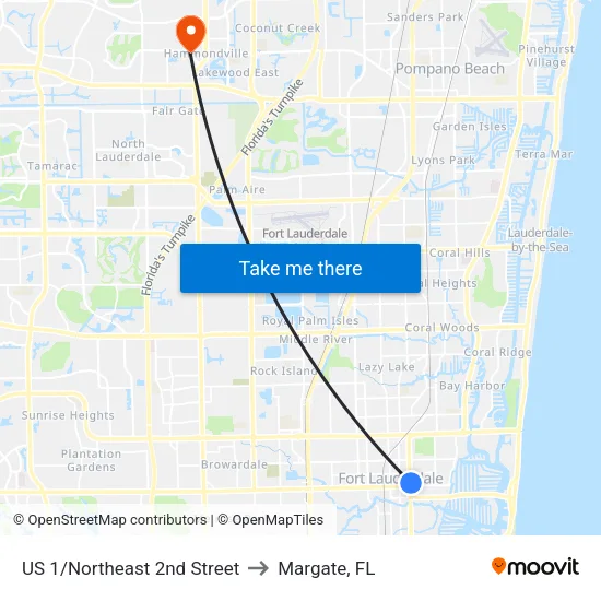 US 1/Northeast 2nd Street to Margate, FL map