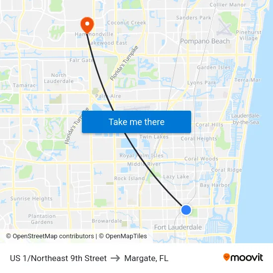 US 1/Northeast 9th Street to Margate, FL map