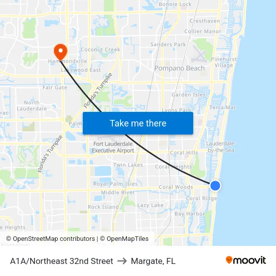 A1A/Northeast 32nd Street to Margate, FL map